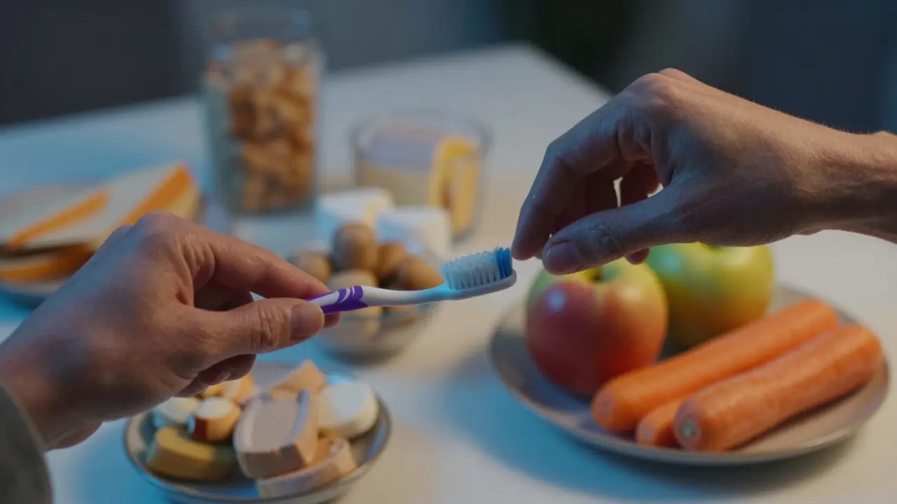 Ruce tlačící zubní kartáček a jazyk, pozadí s měkkými a tvrdými potravinami.