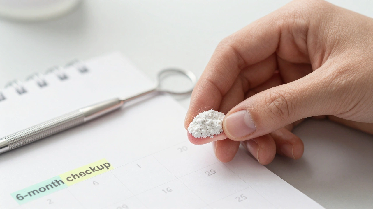 Ruka nanáší Corega Powder na zmenšené dásně, vedle stojí zubní nástroj a kalendář s označenou kontrolou.