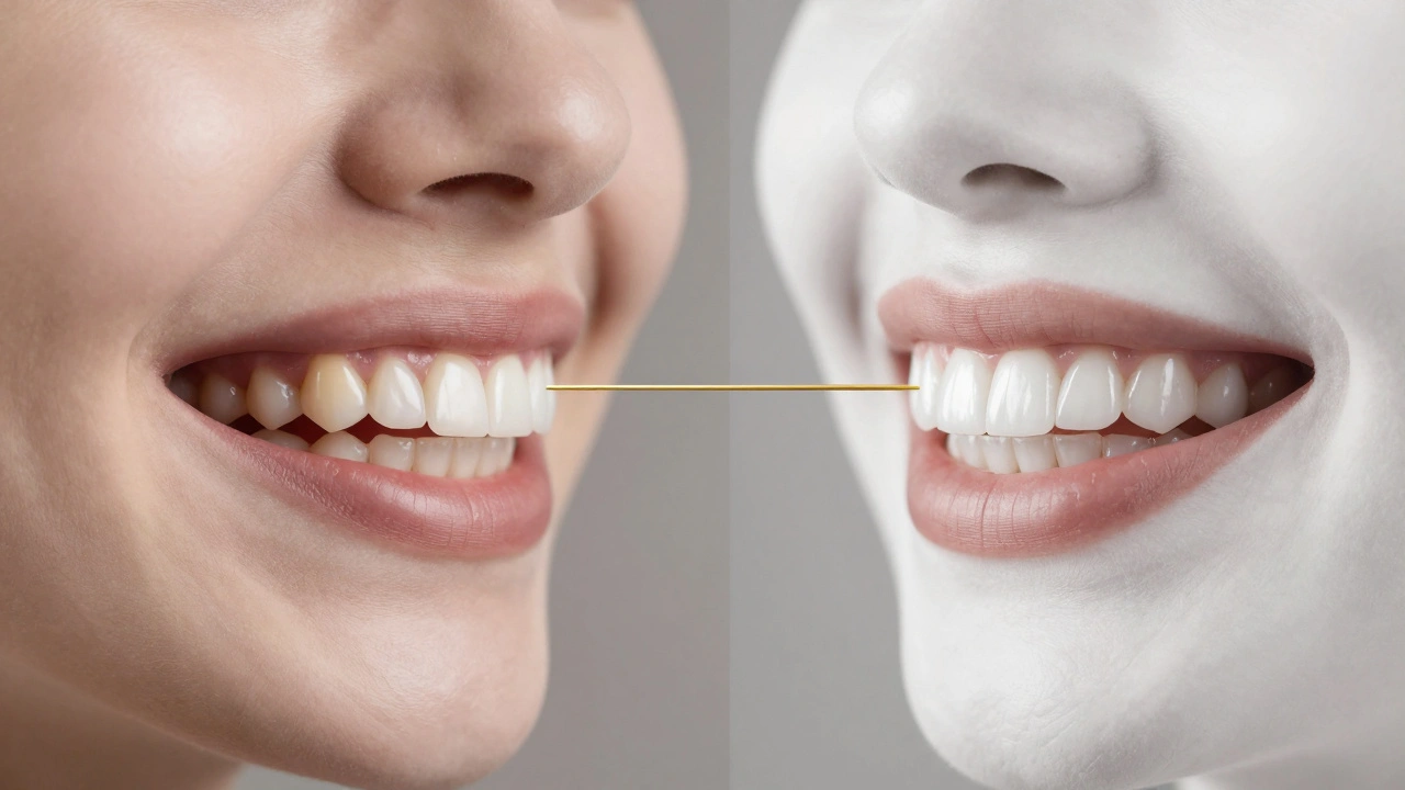 Split image showing transformed smile from damaged teeth to flawless veneers.