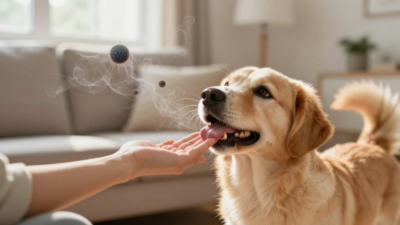 Šťastný pes líže ruku majitele, z jeho úst se šíří záře čerstvého dechu.