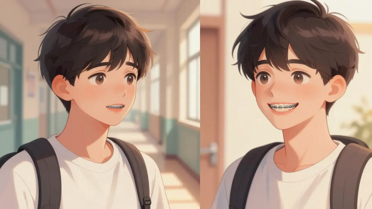 Teenager s keramickými rovnátky směje se, zatímco jeho kovové rovnátka zůstávají v pozadí.