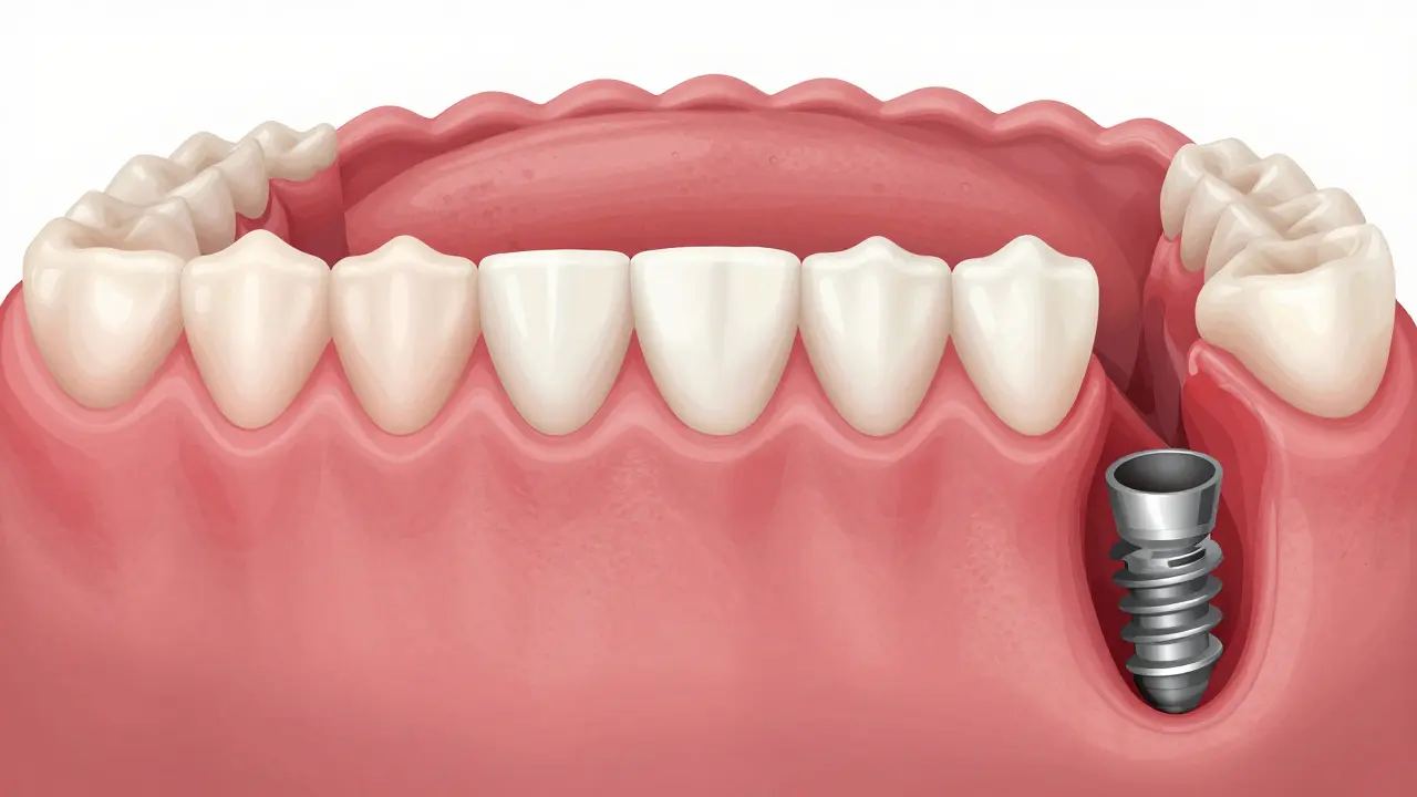 Tři fáze poškození dásně kolem implantátu: zdravá, zánětlivá a selhávající.