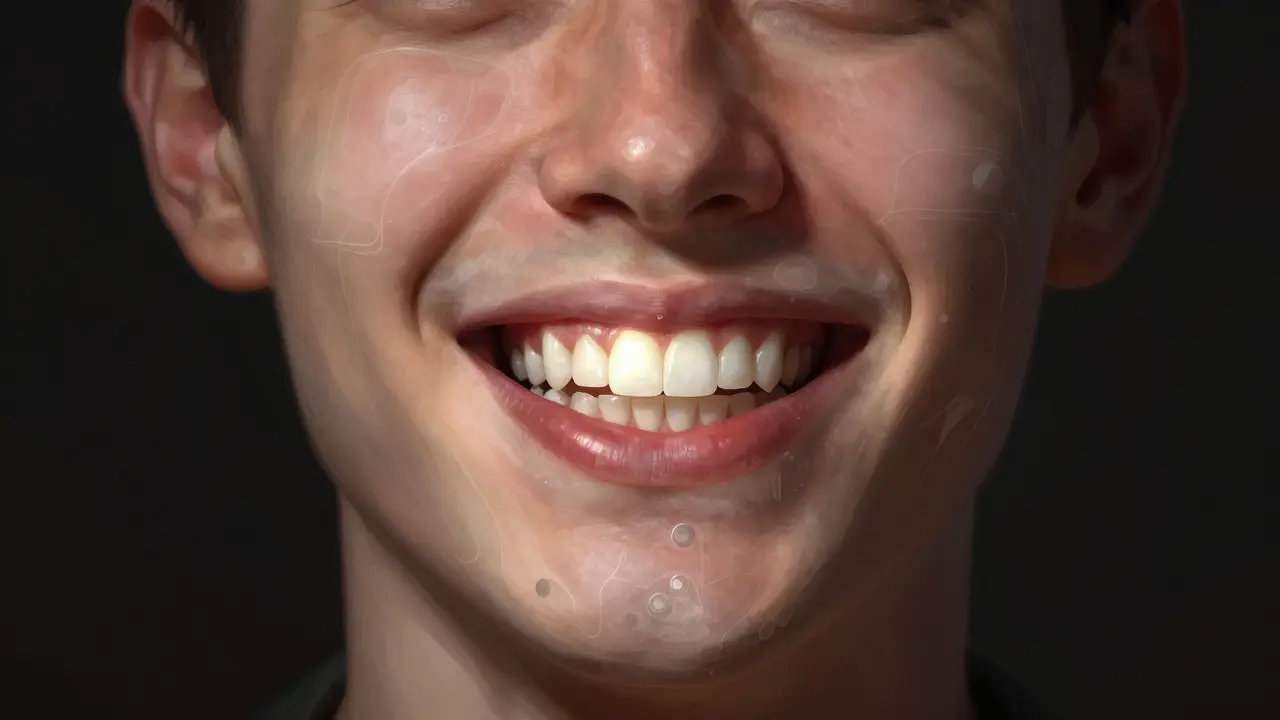 Tvář s vpadlou částí přecházející do úsměvu s průhlednou náhradou, symbolizující obnovu.