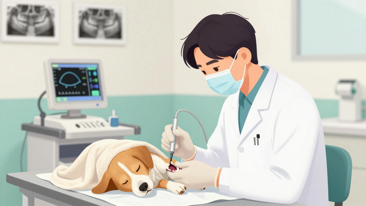 Veterinář provádí zubní léčbu pod anestézií s monitorováním životních funkcí.