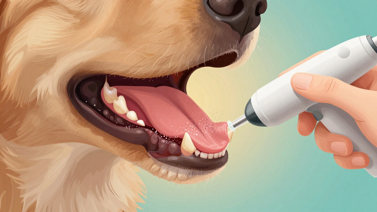 Vnitřní pohled na psí ústa s rozpadajícím se zubním kamenem pod dásněmi.