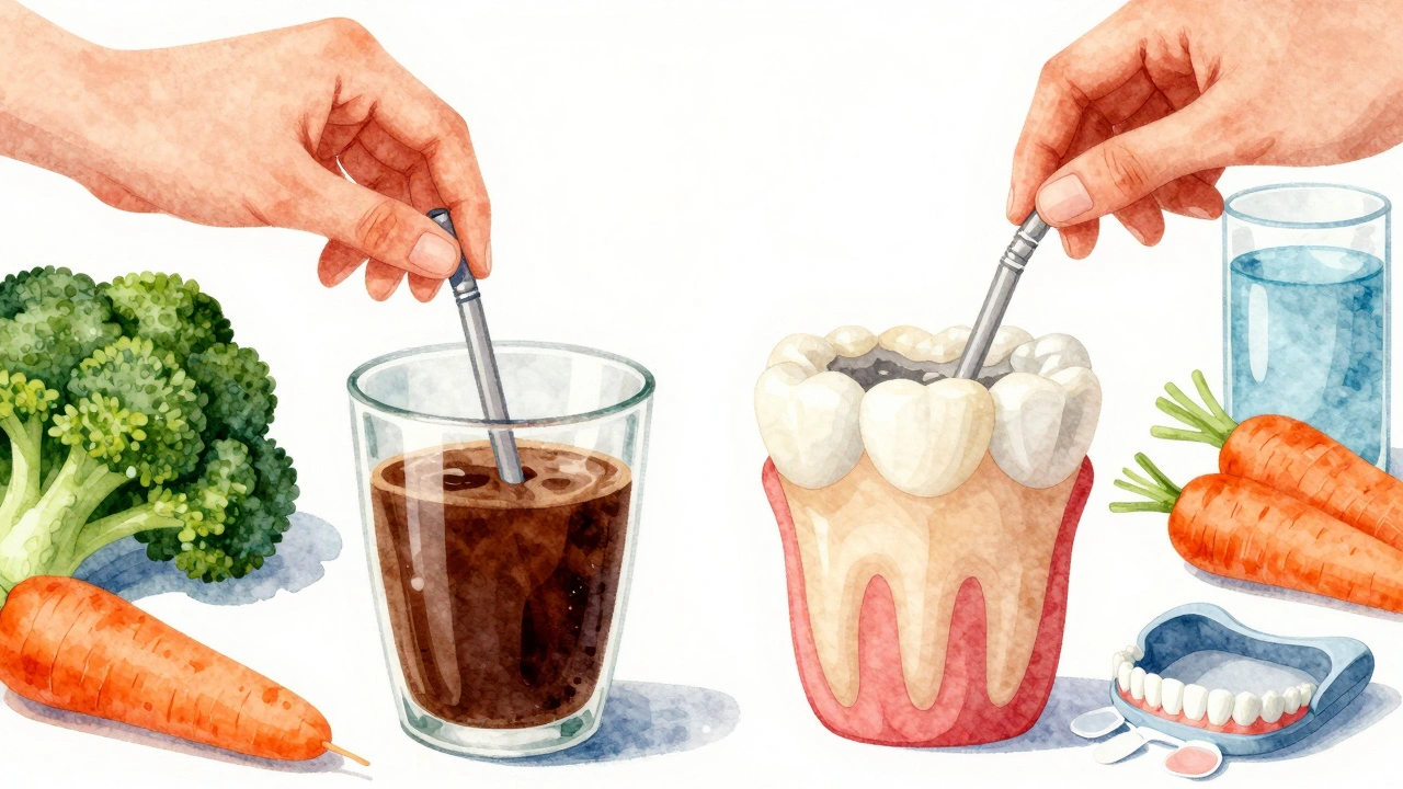 Zdravá strava a profesionální bělící fólie vedle porovnání zdravého a poškozeného emailu.