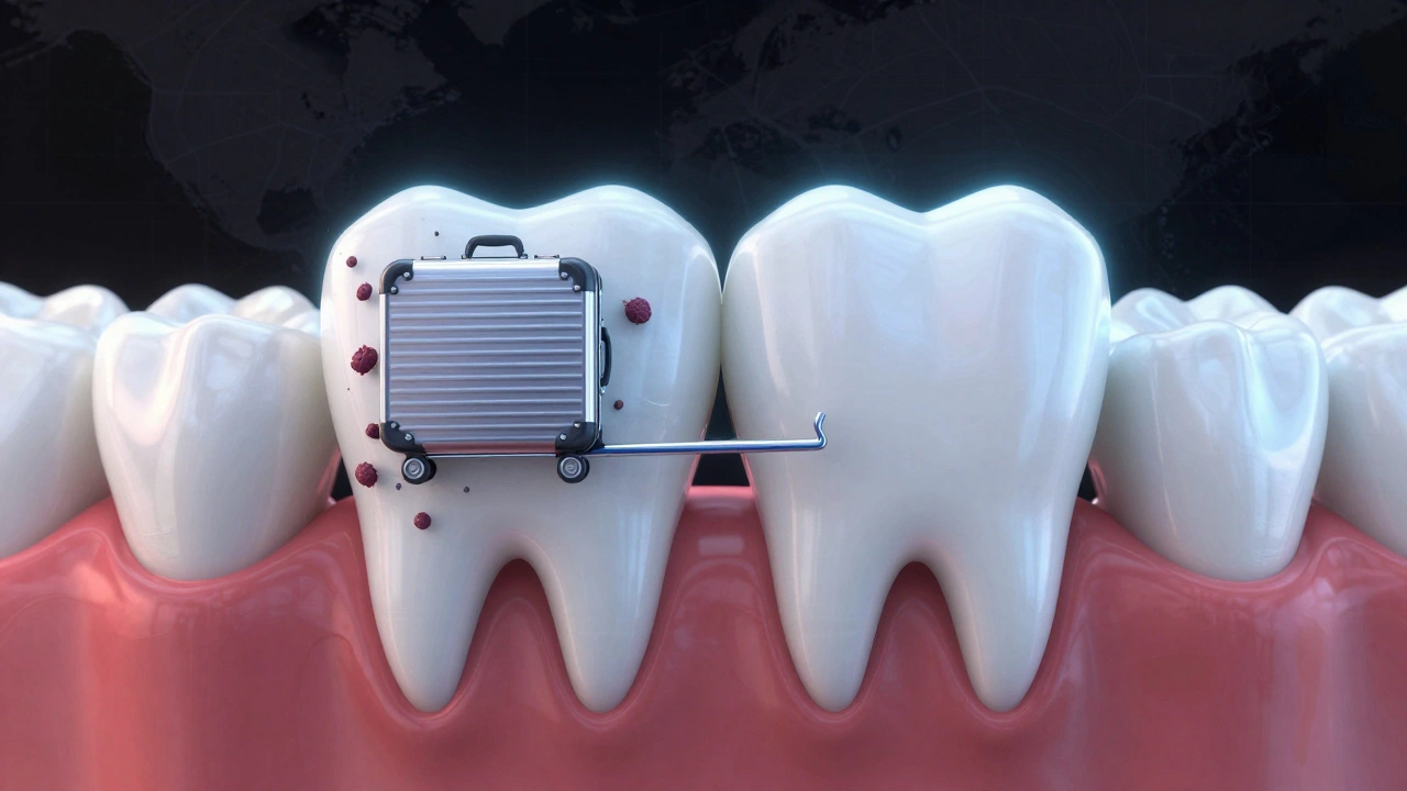 Zdravé a nezdravé mezizubní prostory s kartáčkem ve tvaru cestovního kufříku.