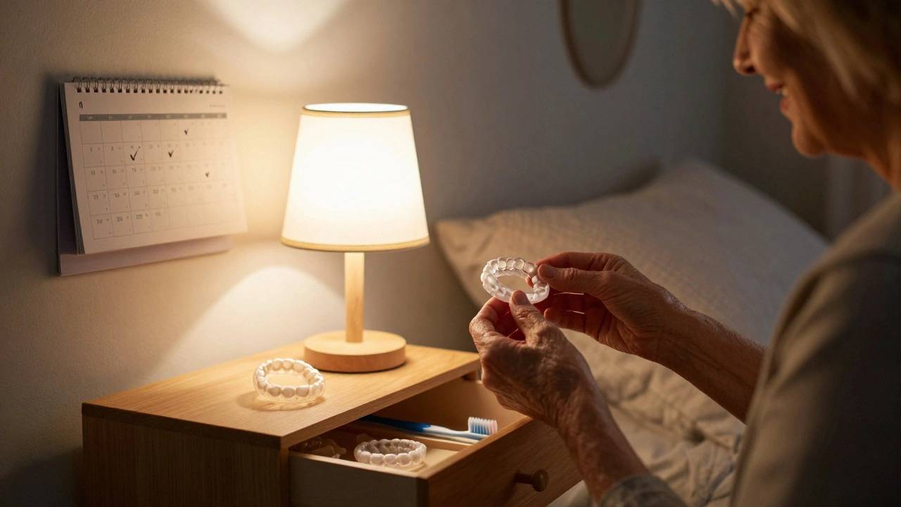 Žena v noční košili vkládá retenční zařízení před spaním.