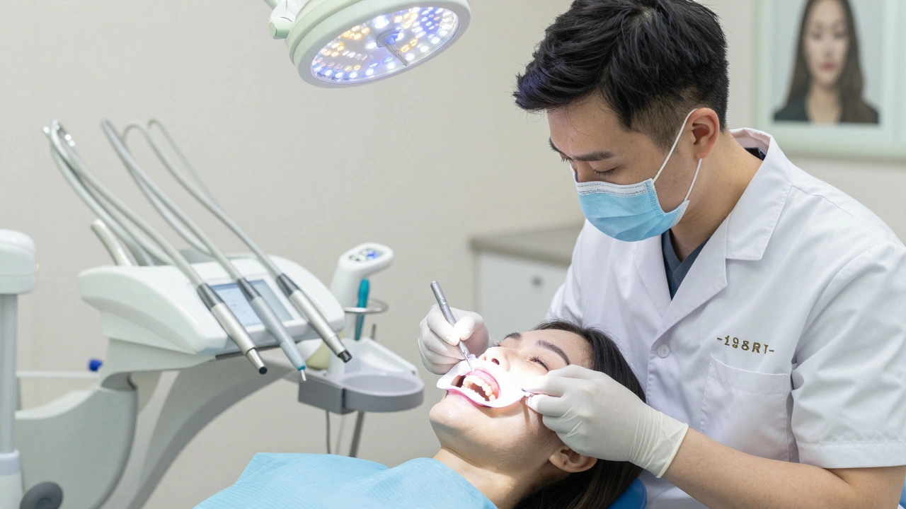 Zubní lékař aplikuje ochranný štít během profesionálního bělení zubů.