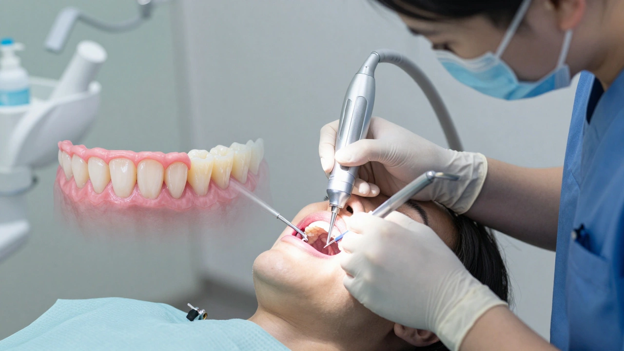 Zubní lékař provádí hluboké čištění pod dásní pomocí ultrazvukového přístroje.