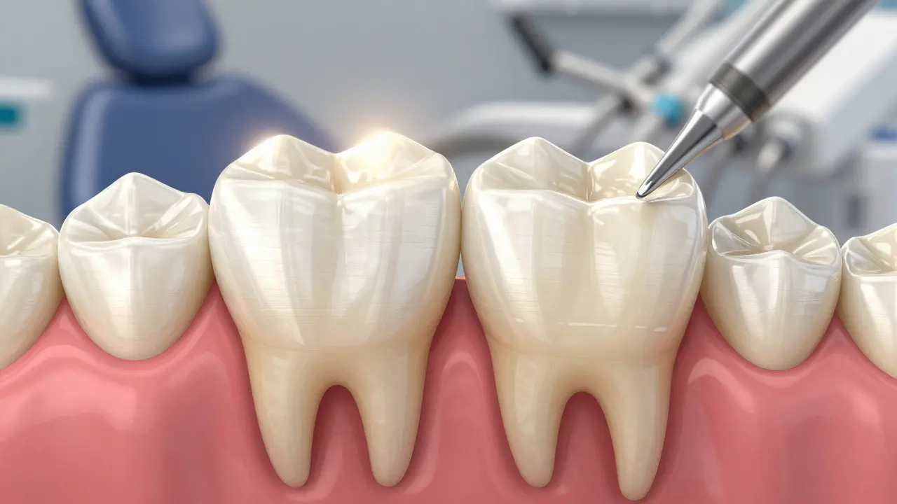 Zubní most přes dva zdravé zuby, s korunkami přesně připevněnými bez implantátů.