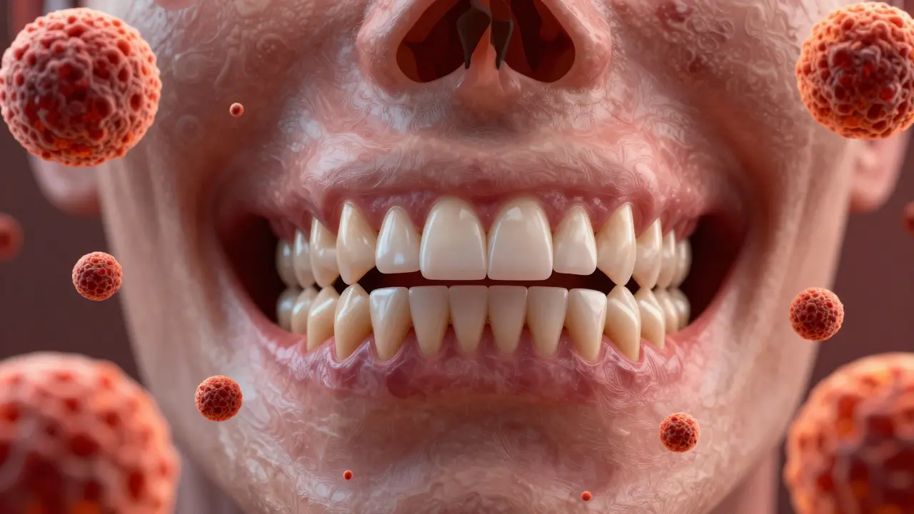 Zúžený zubní oblouk s přetlakem zubů a zánětlivými částicemi v pozadí.