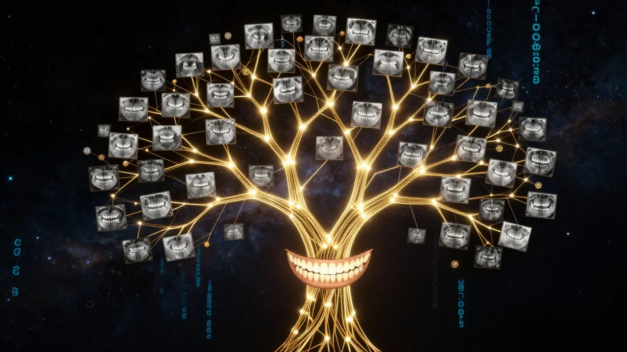 Abstraktní síť dat spojující tisíce dentálních skenů do dokonalého úsměvu