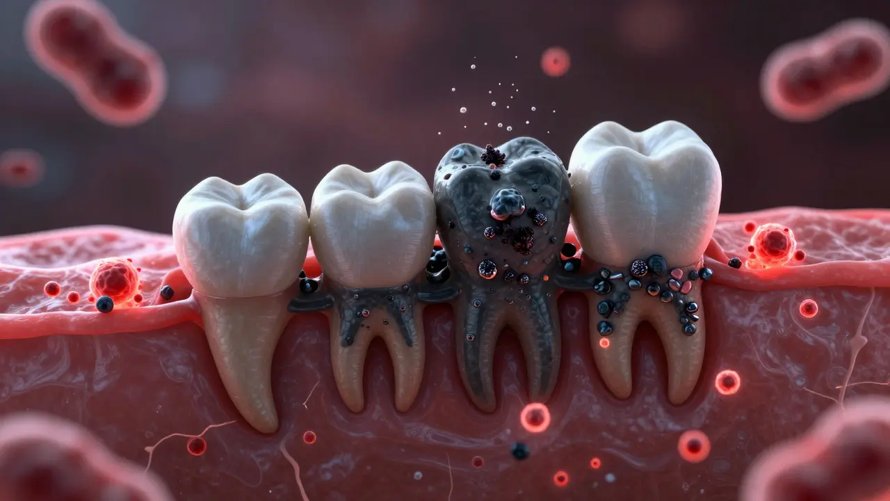 Bakteriální biofilm se mění v černý zubní kámen s minerálními usazeninami pod dásněmi