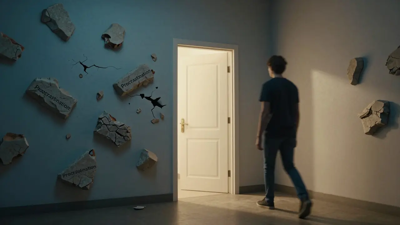 Člověk prochází chodbou s kameny předkusu, které se rozbíjejí, dveře září v pozadí.