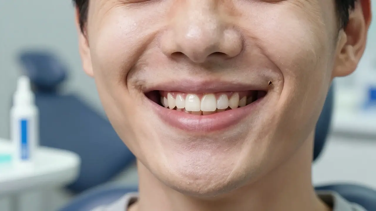 Člověk se smíchem, jehož zuby ukazují viditelný úbytek skloviny na jedné straně.