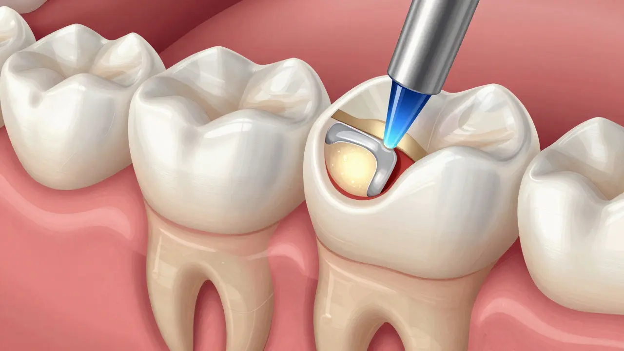 Cross-section of a molar showing layered composite filling being cured with blue light.