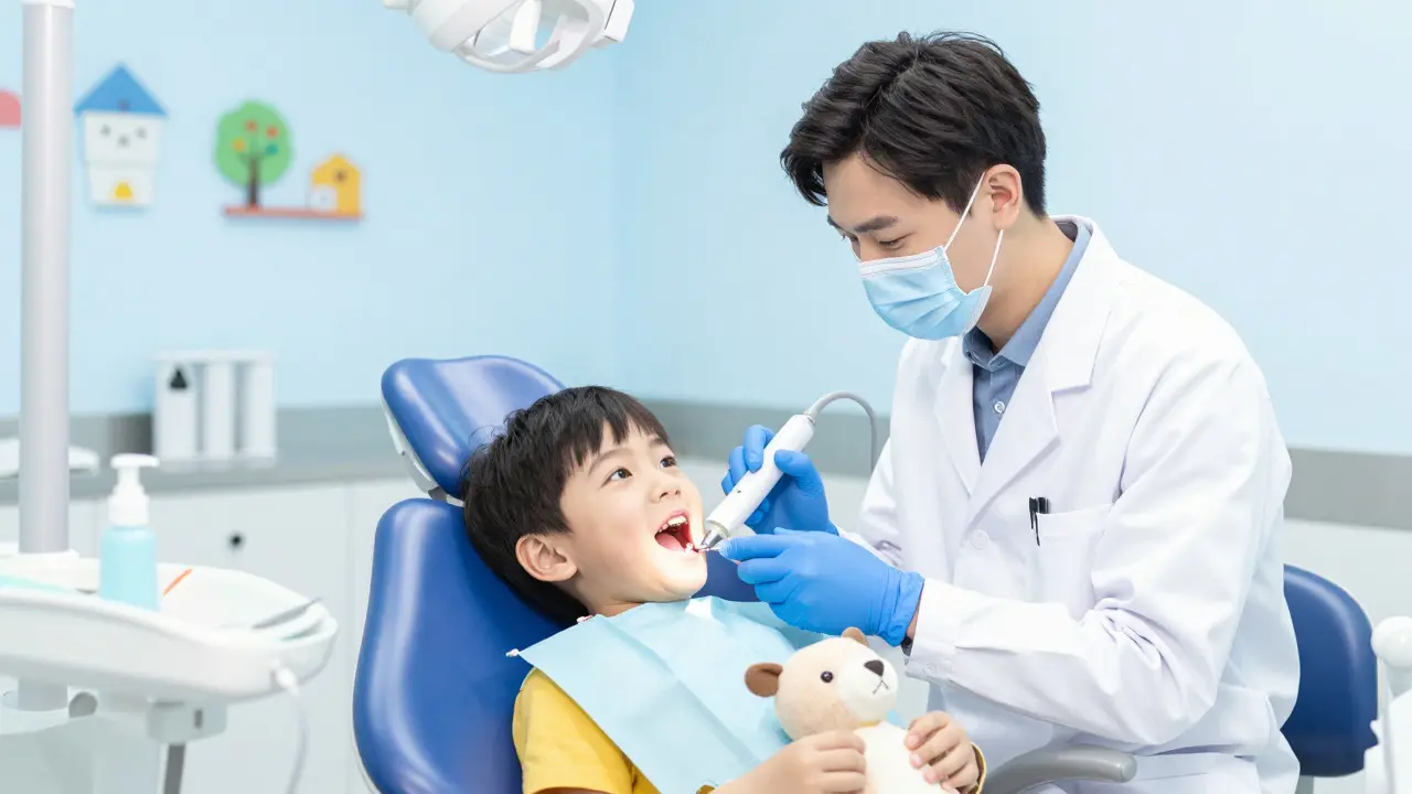 Dětský zubař odstraňuje zubní kámen pomocí ultrazvukového nástroje během návštěvy.