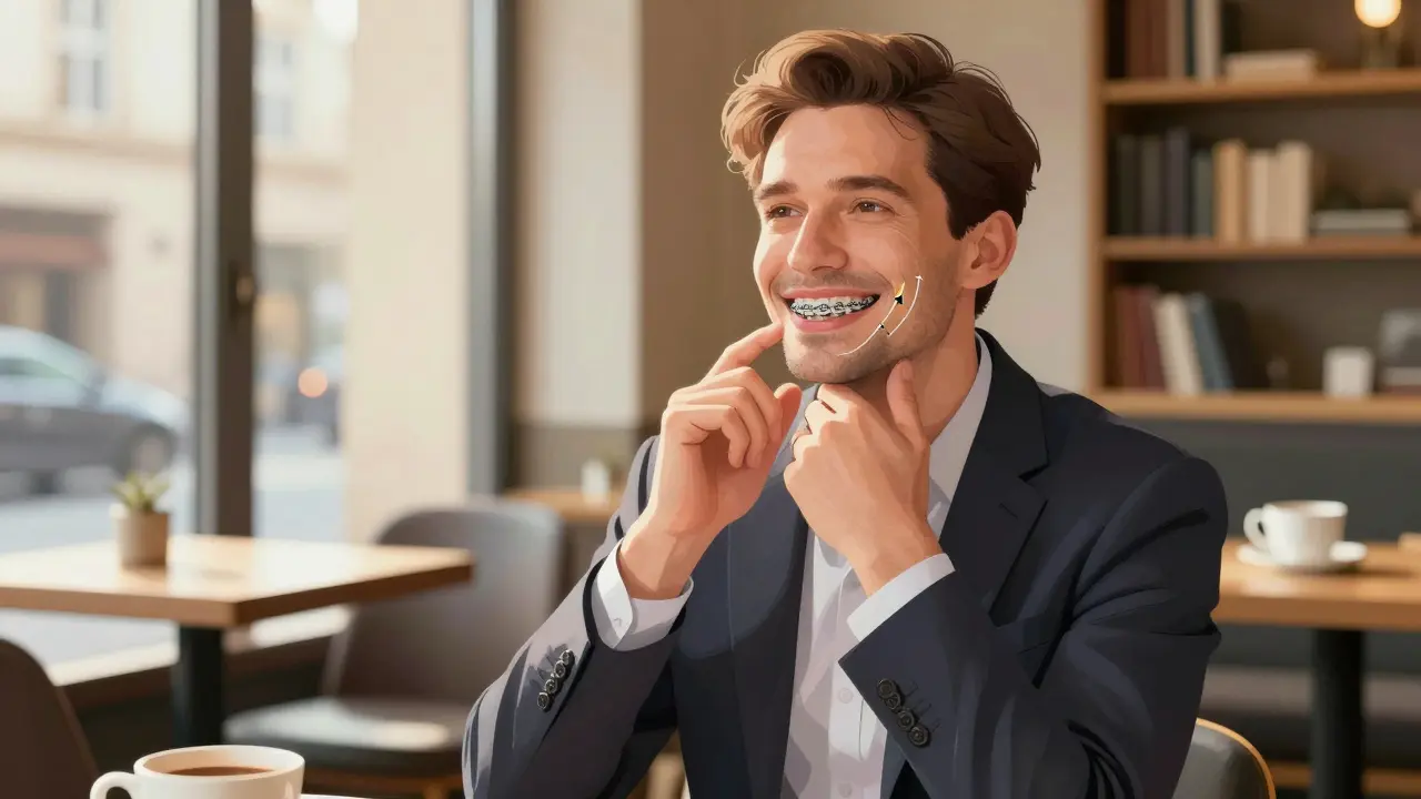 Dospělý muž s rovnátky a gumičkami se usmívá v kavárně, slunce osvětluje jeho dokonalý úsměv.