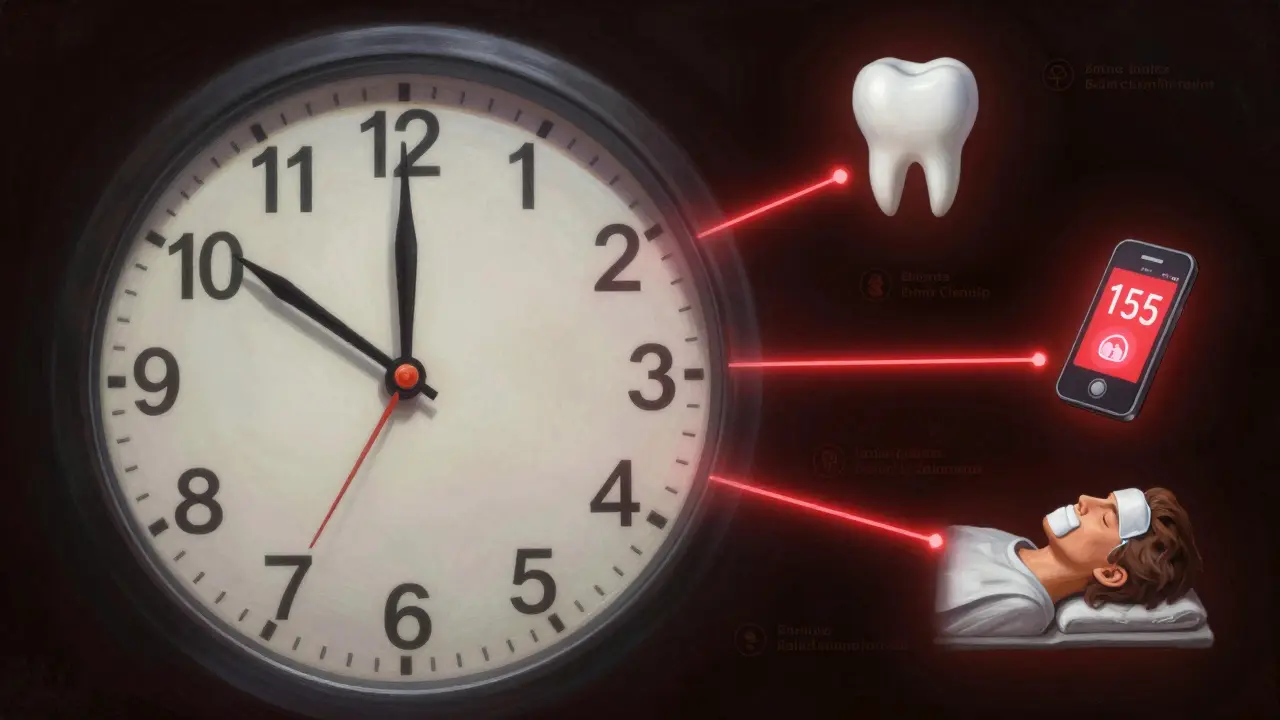 Hodiny s zuby namísto čísel, symbolizující nouzovou péči, s ikonami zubu, telefonu a chladného obkladu.