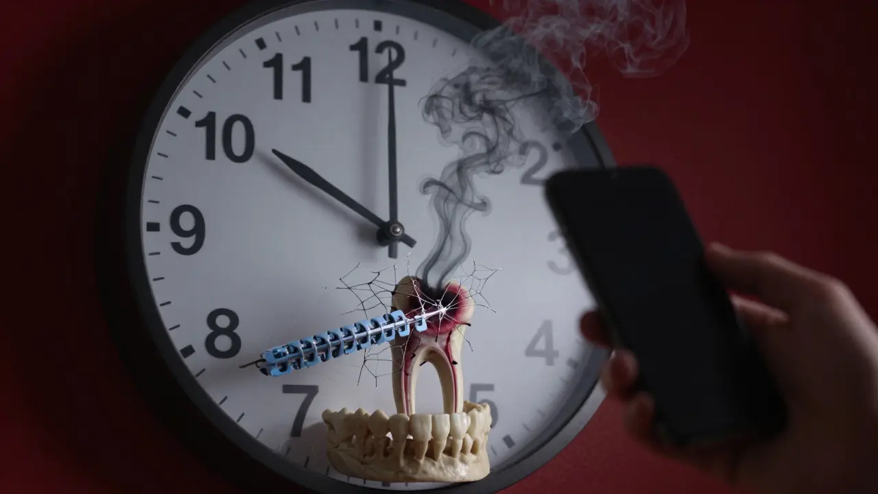 Hodiny ukazují 14 dní nad čelistí s infikovaným zubem pod můstkem, ruka se dotýká telefonu.
