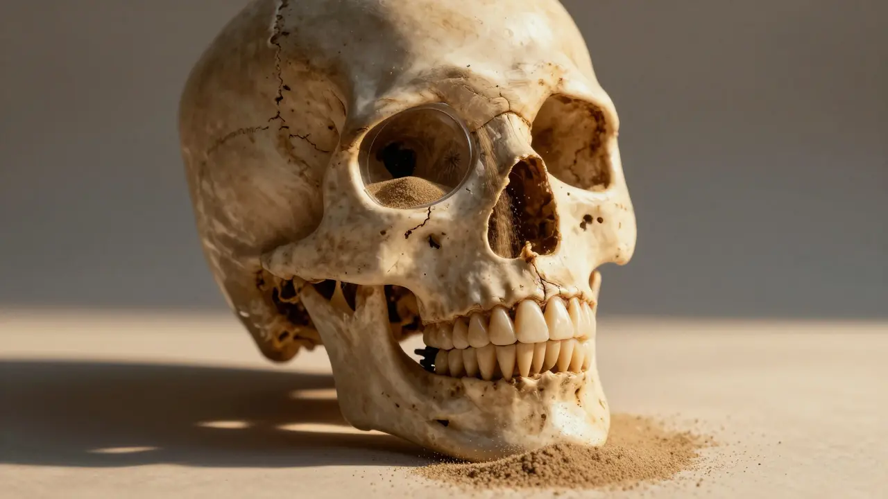 Hodiny v lebce s pískem tekoucím do prázdného zubního ložiska, zatímco implantát zůstává pevný.