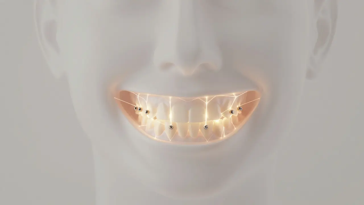 Koncepční obrázek světelných čar spojujících hřebíčky na zubech.