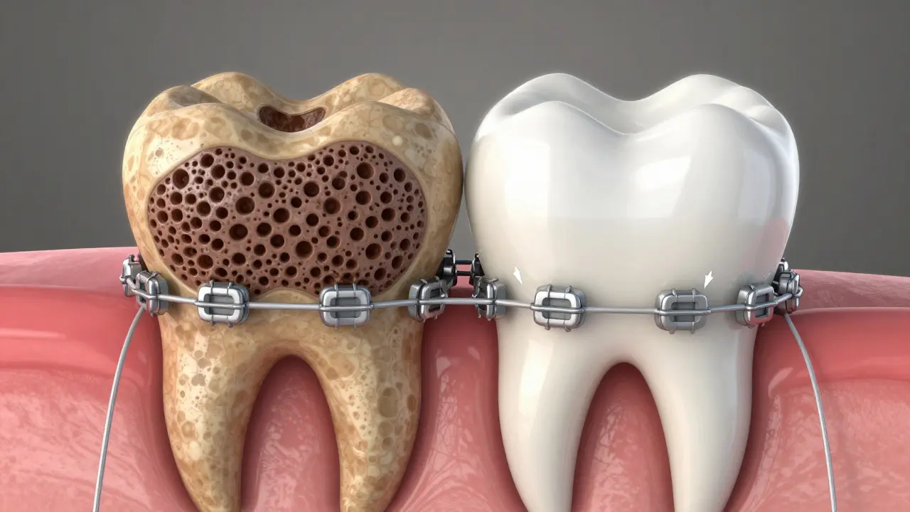 Kostní přestavba kolem zubu pod tlakem rovnátek – resorpce na jedné straně, nová kost na druhé.