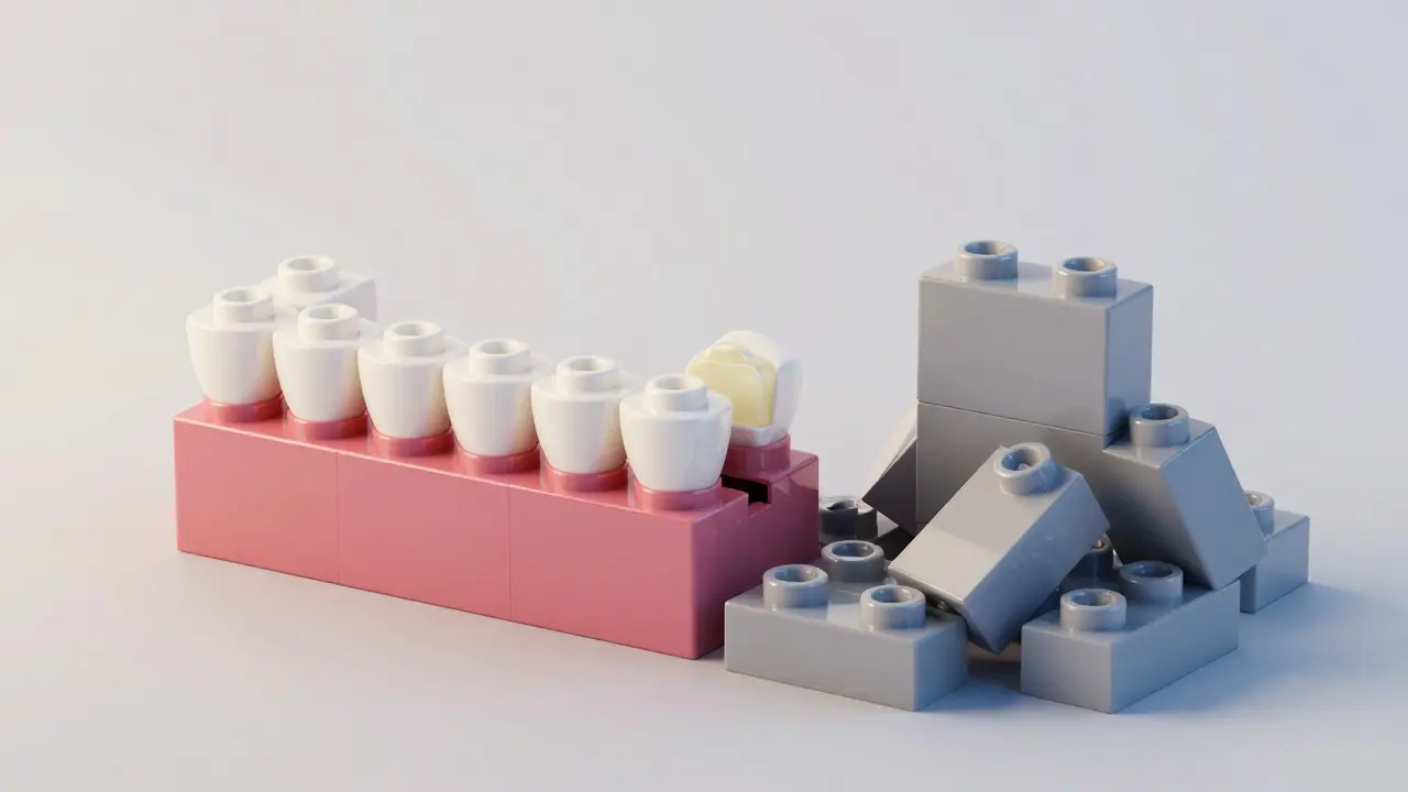 Lego-like layers building a durable dental filling, symbolizing careful technique.