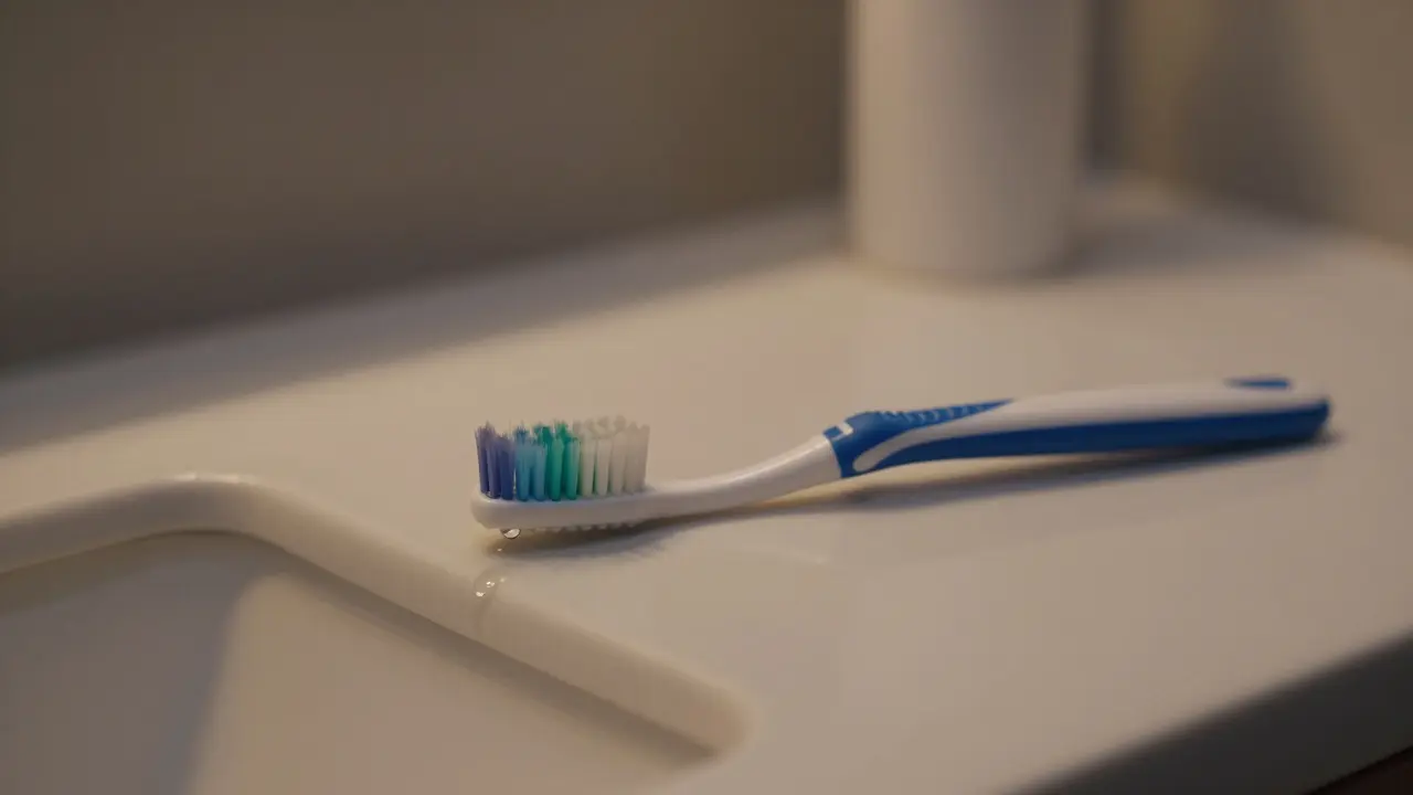 Mezizubní kartáček na koupelnové desce večer, kapka vody na štětinách.