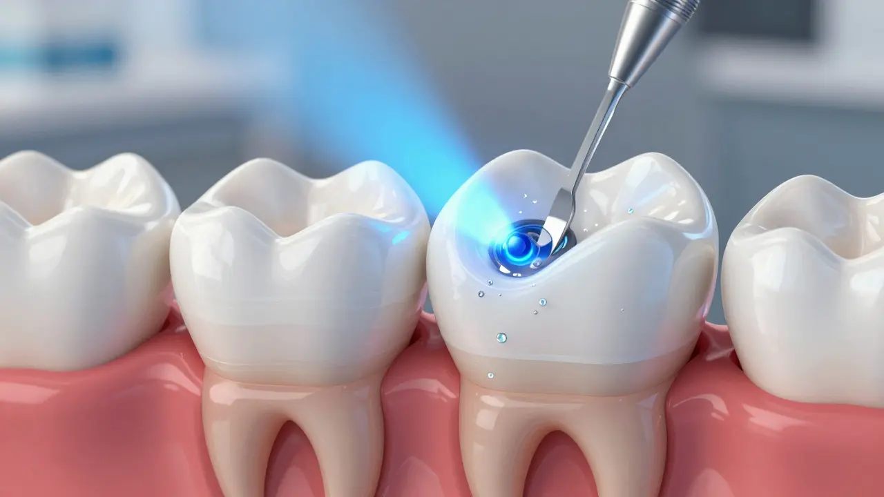 Microscopic view of layered composite material bonding to a tooth.