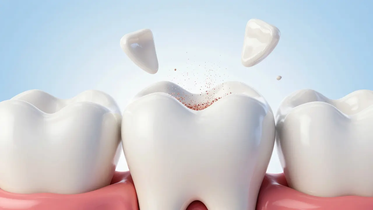 Mikroskopický pohled na odstraňování skloviny z zubu s vystupujícími fragmenty a zbylou ochrannou vrstvou.