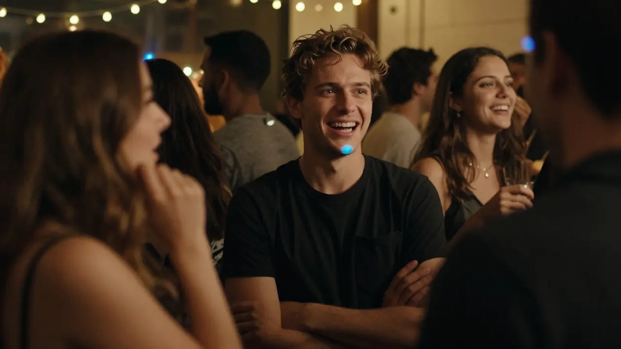 Muž na večírku se směje, ale jeho oči vypadají nervózně, ostatní lidé jsou rozptýlení v pozadí.