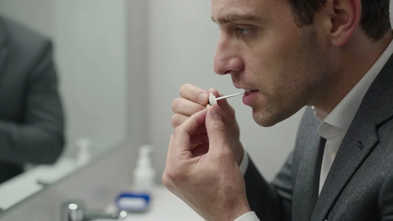 Muž si připevňuje nalepovací zuby před zrcadlem v koupelně.