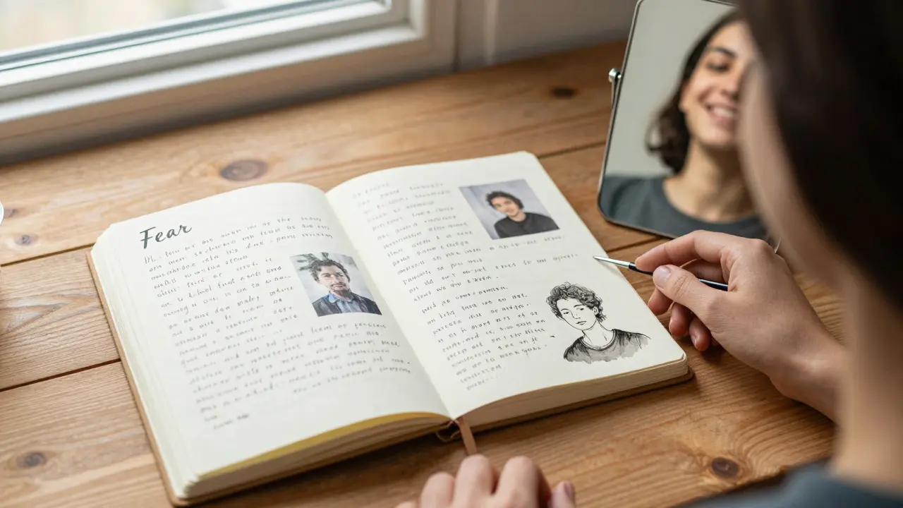 Otevřený deník s rukopisnými poznámkami a zrcadlo odrazující svobodný úsměv na stole.