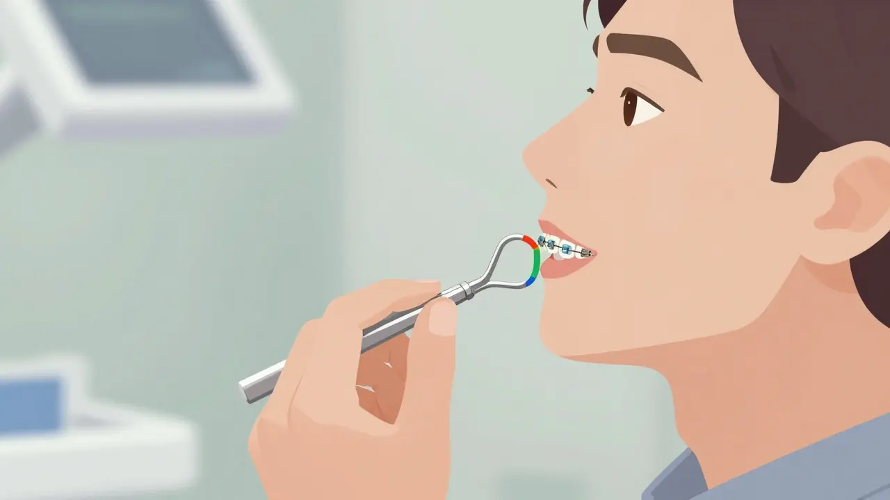 Pacient používá nástroj k připevnění gumičky na hřebíček.