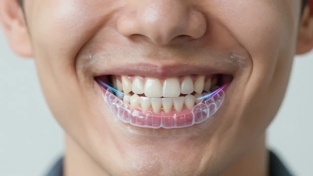 Pacient s průhlednými brámkami a holografickou simulací pohybu zubů