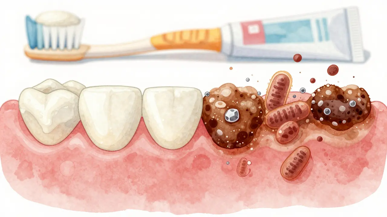 Porovnání měkkého zubního plaku a tvrdého zubního kamene na zubech.