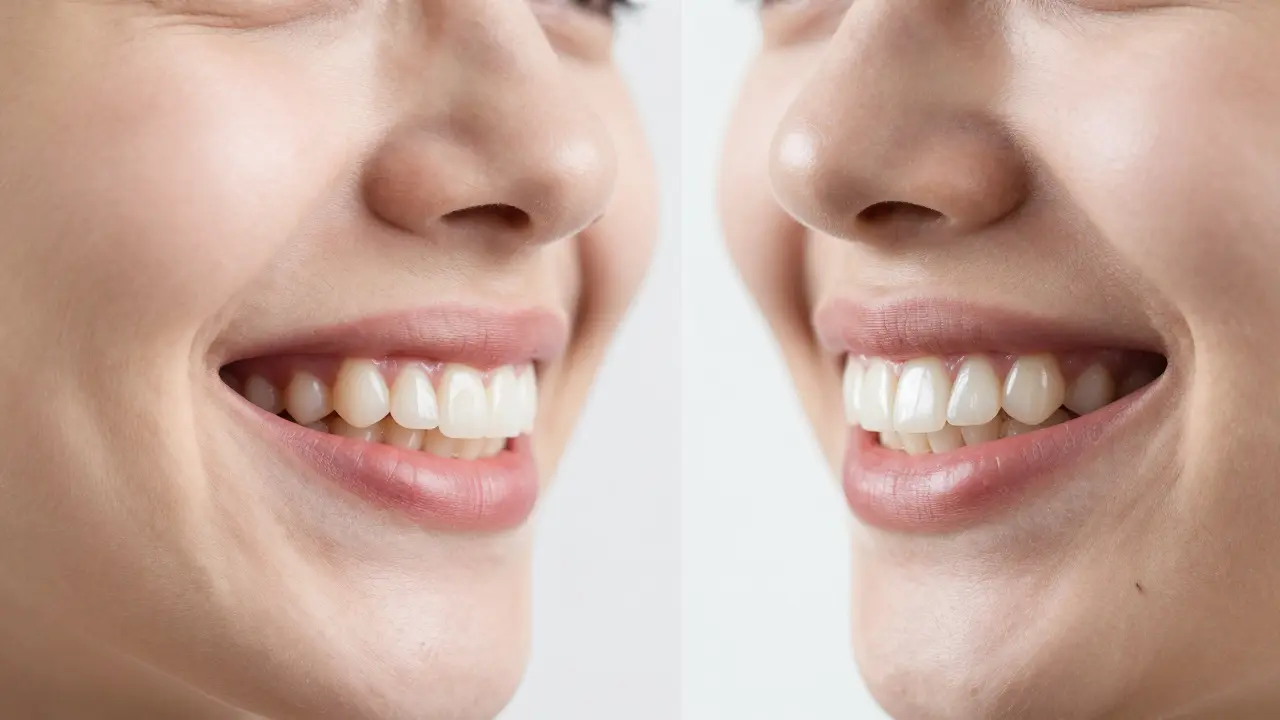 Před a po: upravené zuby s přirozenějším tvarem a vyrovnanými hranami v úsměvu.