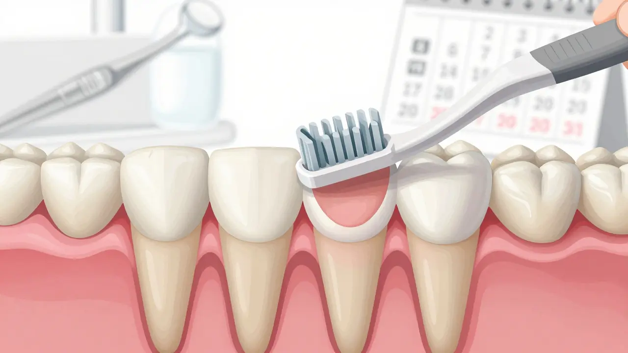 Přehled zubů s odstraněným plakem mezi zuby pomocí pevného mezizubního kartáčku.