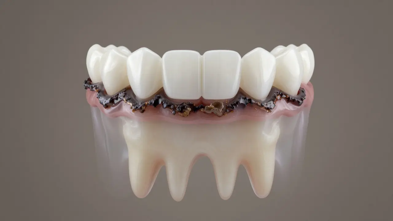 Přehledná ilustrace zubu s vrstvami: zdravý zub, zubní kámen a trvalý zub pod ním.