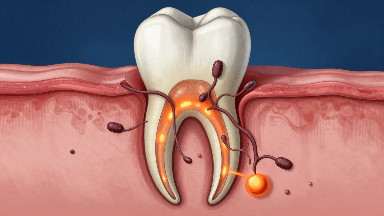 Příčný řez zubním kořenem s bakteriemi a hnisem v čelisti