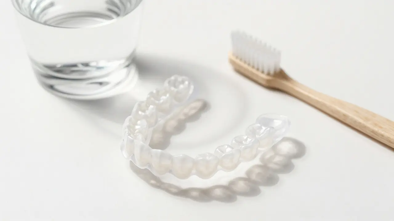 Průhledné zubní rovnátka ležící na bílé ploše s kartáčkem a vodou.