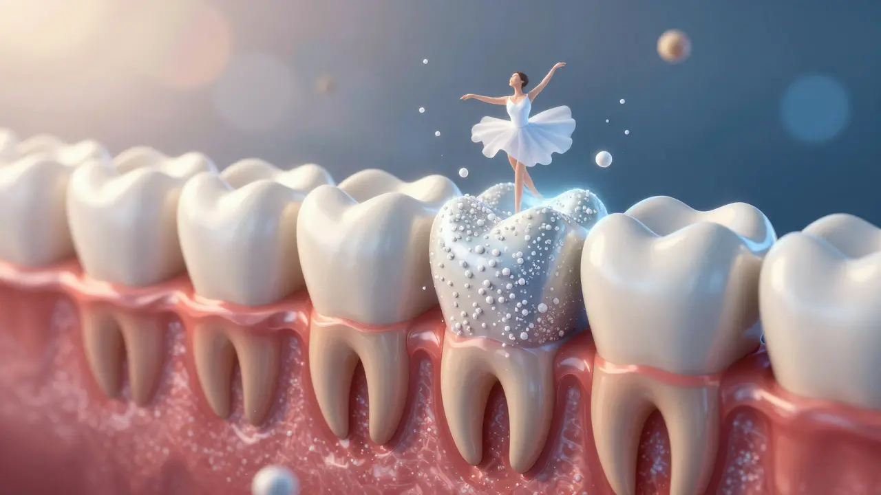 Průřez zubu s rozpadajícími se minerály a obnovujícími se ionty fluoru.