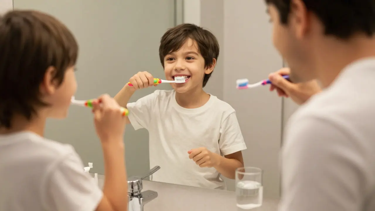 Rodič a dítě společně čistí zuby ve vaně před zrcadlem večer.