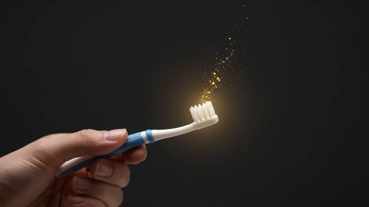 Rukou držený mezizubní kartáček s viditelnými částicemi odstraněného plaku.