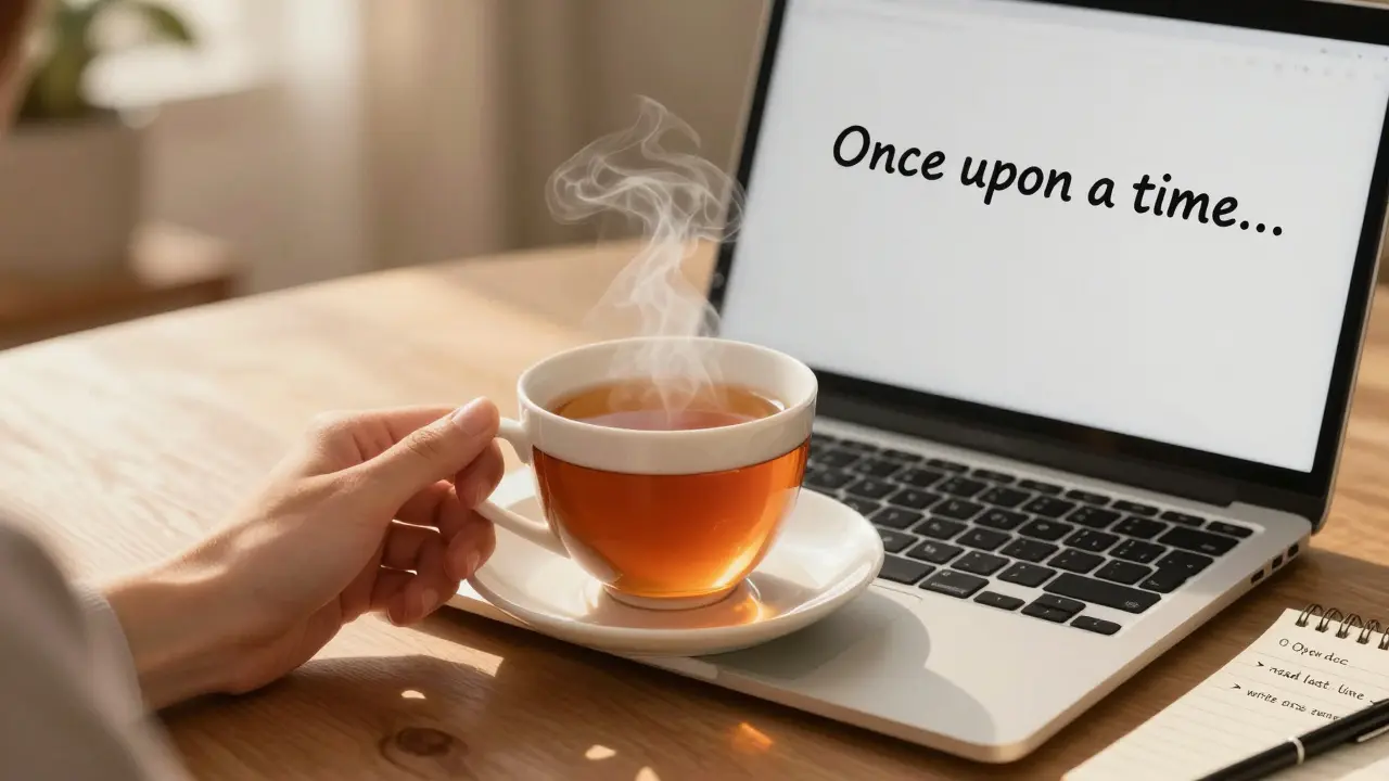 Šálek čaje vedle počítače, na obrazovce jedna věta, rituál začátku práce.