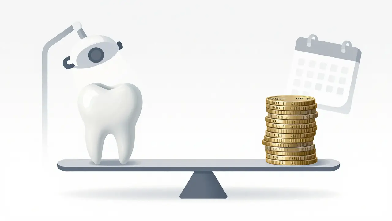 Scale balancing a dental filling against Czech coins representing composite filling costs.