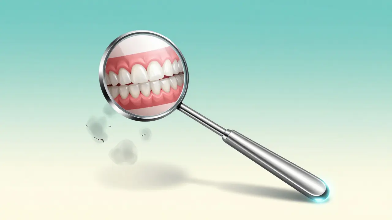 Symbolické zrcátko odrazující zdravé ústy, zatímco problémy mizí jako mlha.