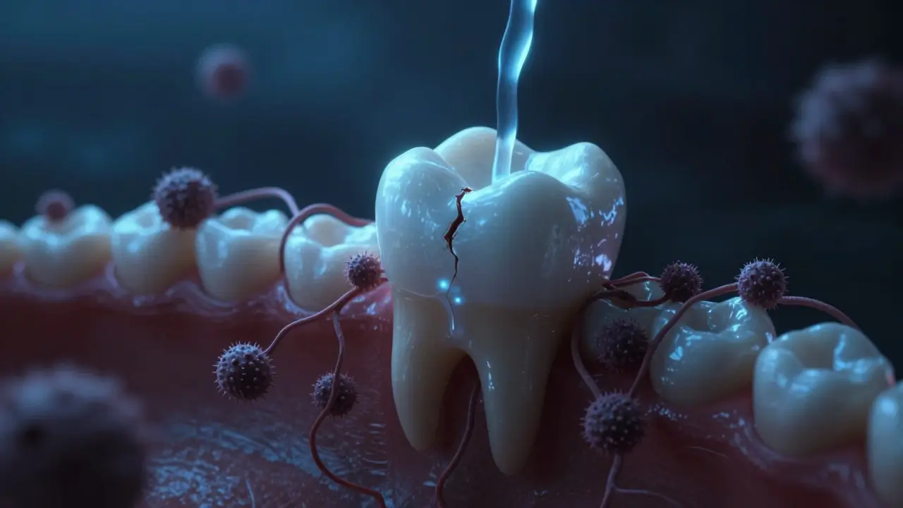 Symbolický obraz boje mezi kyselinou a slinami uvnitř úst.